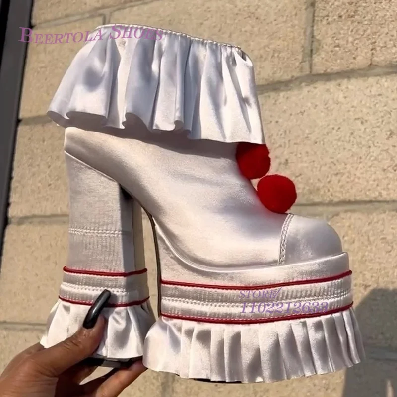 Biela saténová koláčová plošina Sandále Dámske rufovateľné päty päty sukne Fuchsia Hot Chick hod Silk Poms Round Chunky Pump Girl Spring topánky