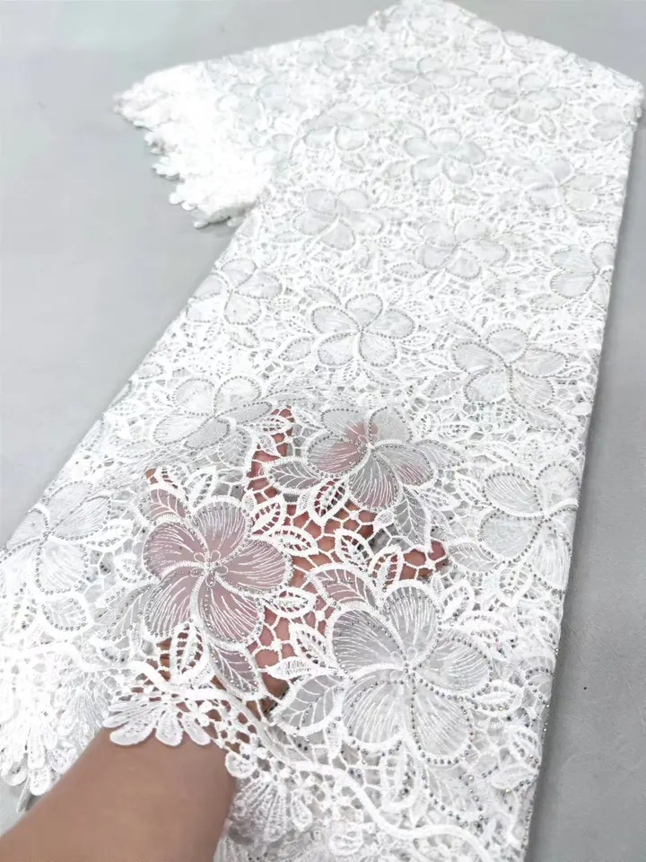 Biela vysoko kvalitná africká nigérijská 最新 Šifónová šnúrka Lace Lace s výšivkou na šitie organza ples šaty 5yard q8-1