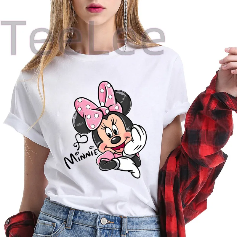 Biela základná karikatúra Minnie Mouse Dámske tričko Summer Nové tričko Mickey Tričko Príležitostné roztomilé manga Tričko o golier Dámske top