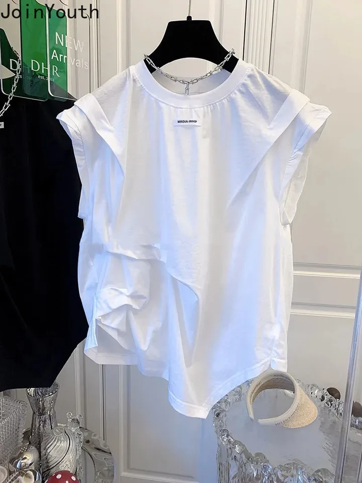 Biela žena tričká o krku bez rukávov Cotton Tees módne letné letné tričká y2k vrcholy voľné záhyby nepravidelné kórejské tričko