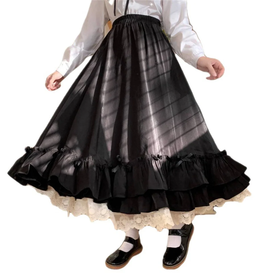 Biele dlhé sukne Ženy japonský štýl čipky dvojvrstvová sukňa ženská móda sladká voľná sukňa Preppy sukňa A-line sukňa A-line