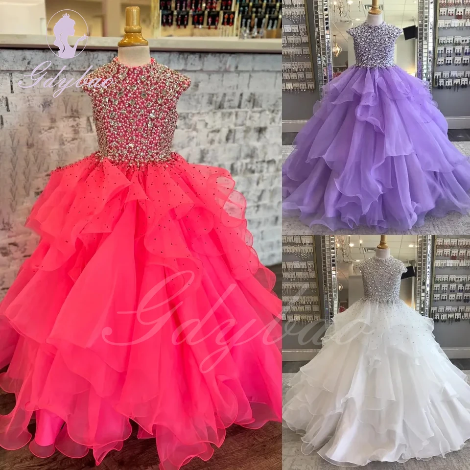 Biele/fialové kvetinové šaty na svadobné korálkové tyl Tulle Puffy Ruffles žiariace princezné deti dieťa narodeniny prvé spoločenské šaty