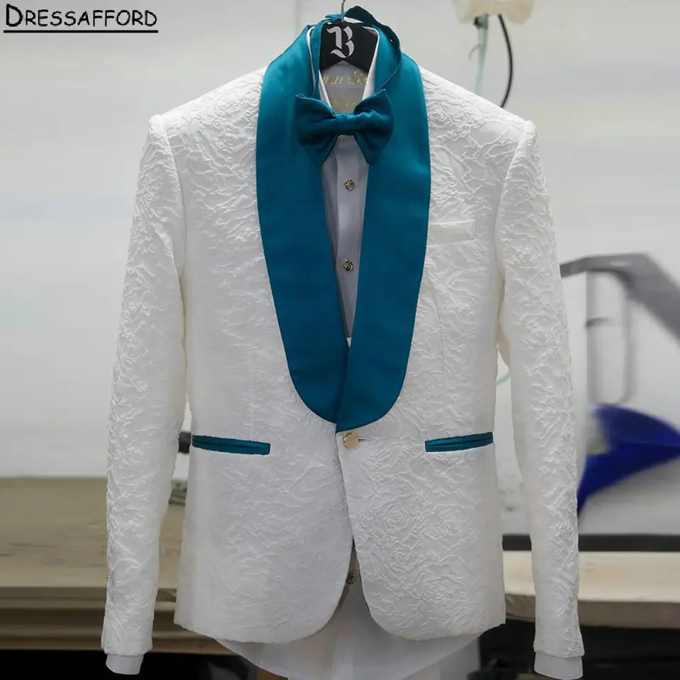 Biele jacquardové muži obleky pre svadobné ženích Tuxedos 2 kusové bunda nohavice Prom Blazers Prispôsobené