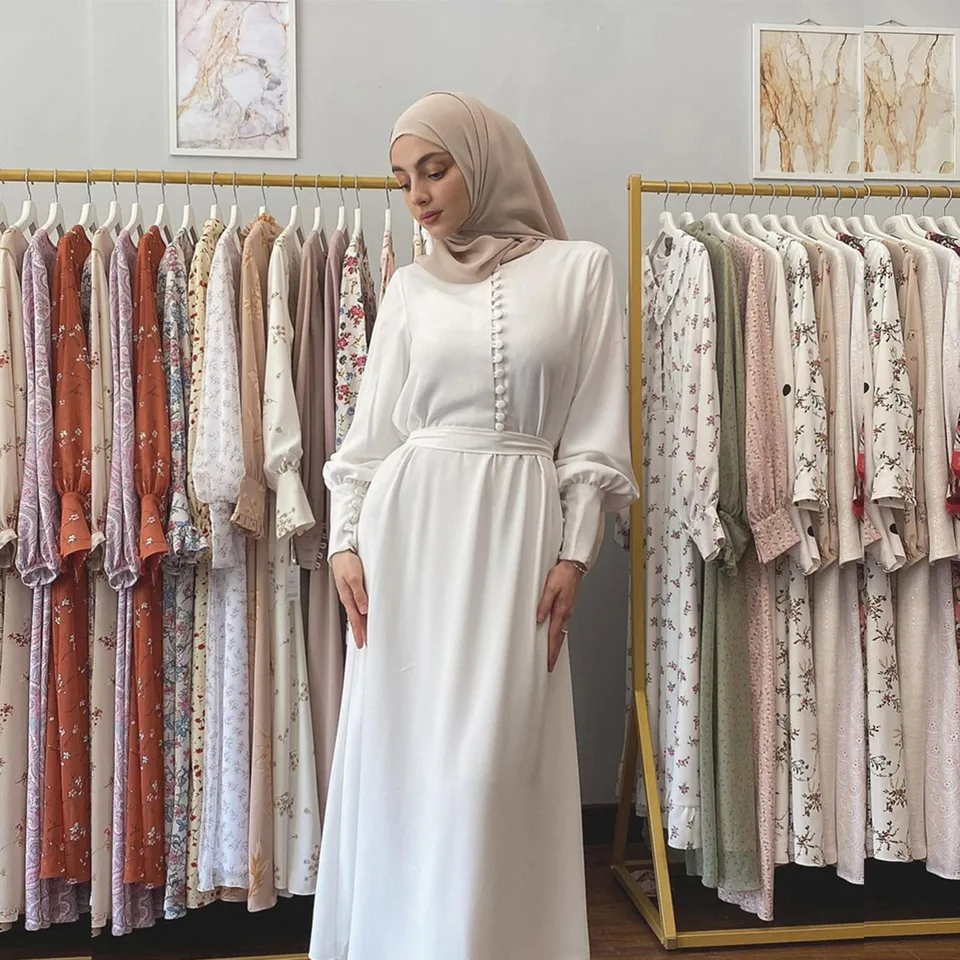 Biele moslimské šaty Dámske módne elegantné predné tlačidlá dizajn tuniky Lace Up Abaya Arab kaftan maxi šaty moslimské šaty moslimské šaty