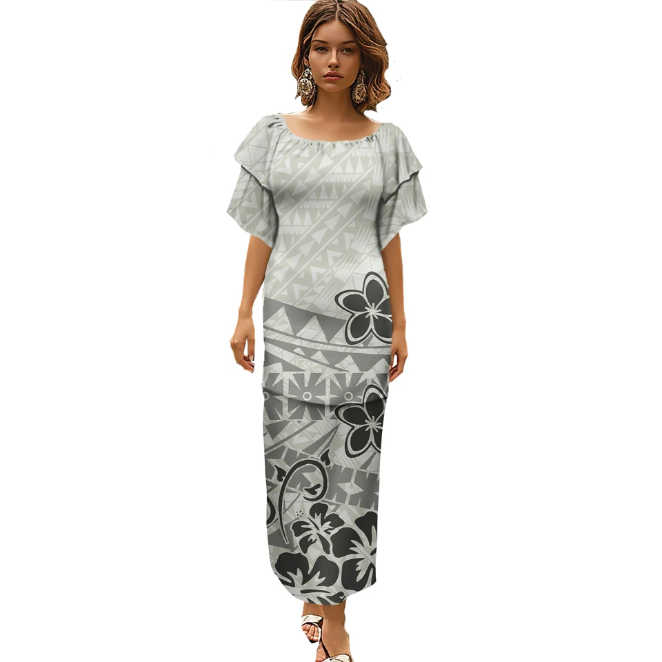 Biele Puletasi letné polynézske tradičné maxi šaty dizajn umenia Pacific Island Holiday Casual Chayses