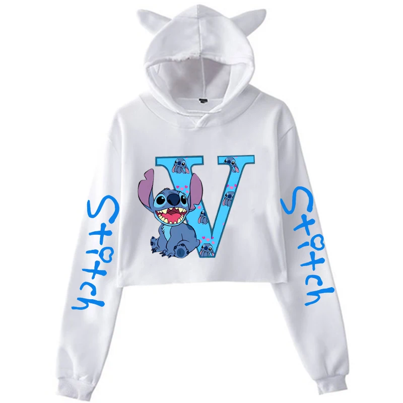 Biele roztomilé lilo a steh Disney Hoodie Crop Top Women Mikina Detské dievčatá Dievča