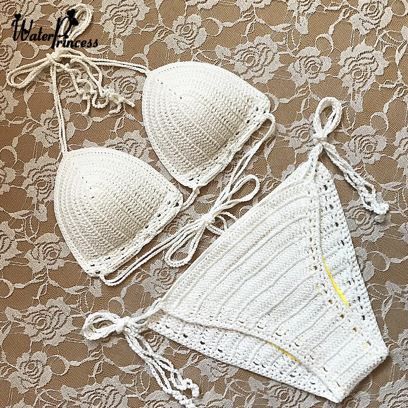 Biele ručne vyrobené háčkovacie bikiny set sexy ženy plavky obväz.