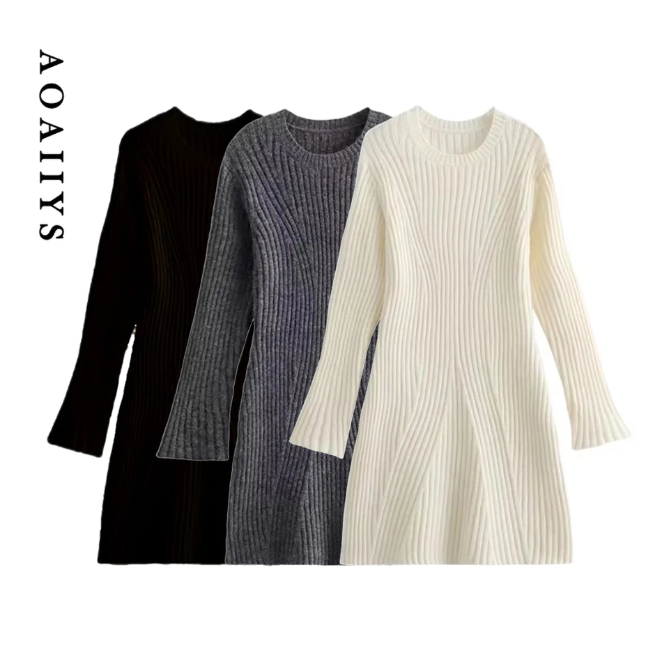 Biele šaty pre ženy pre ženy pletené šaty s dlhým rukávom O-krk Jeseň Zimné teplé šaty High Pase Slim Fashion Mini šaty