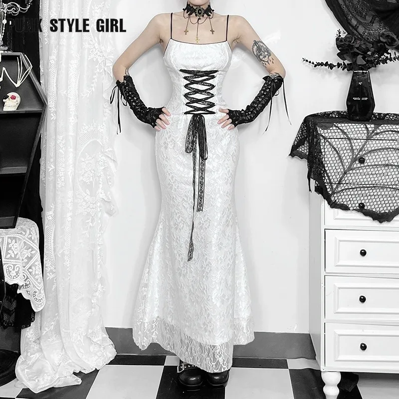 Biele ženy Mall Gothic Fairycore Grunge Korzet Šaty elegantné čipky Patchwork spgahetti remienok biele šaty koketové rave outfity