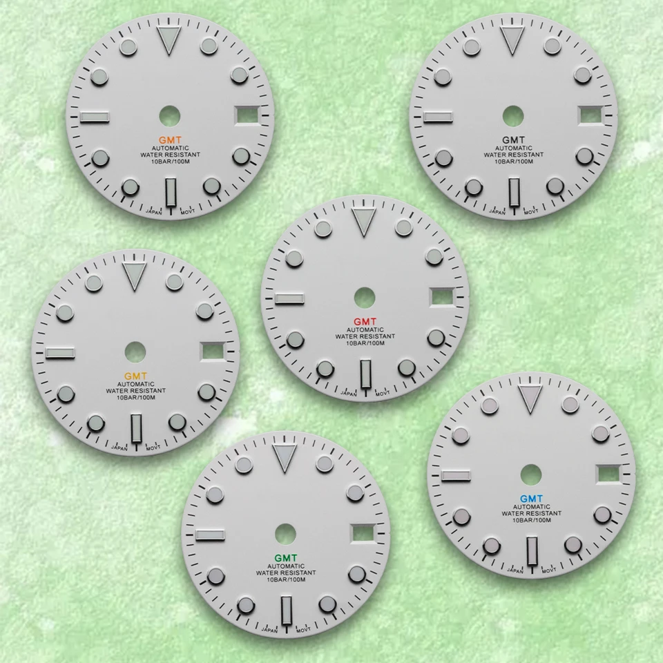 Biely 28,5 mm GMT S Logo Dial Dial vhodný pre NH34 Japonský automatický pohyb zelených svetelných hodiniek Modifikácia Príslušenstvo