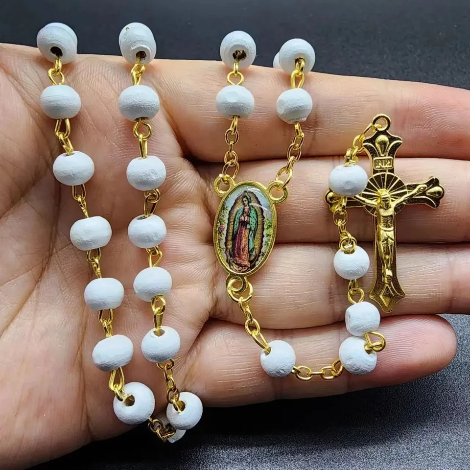 Biely drevený ruženec náhrdelník pre ženy kríž kríž Crucifix Cross Dlhý reťaze