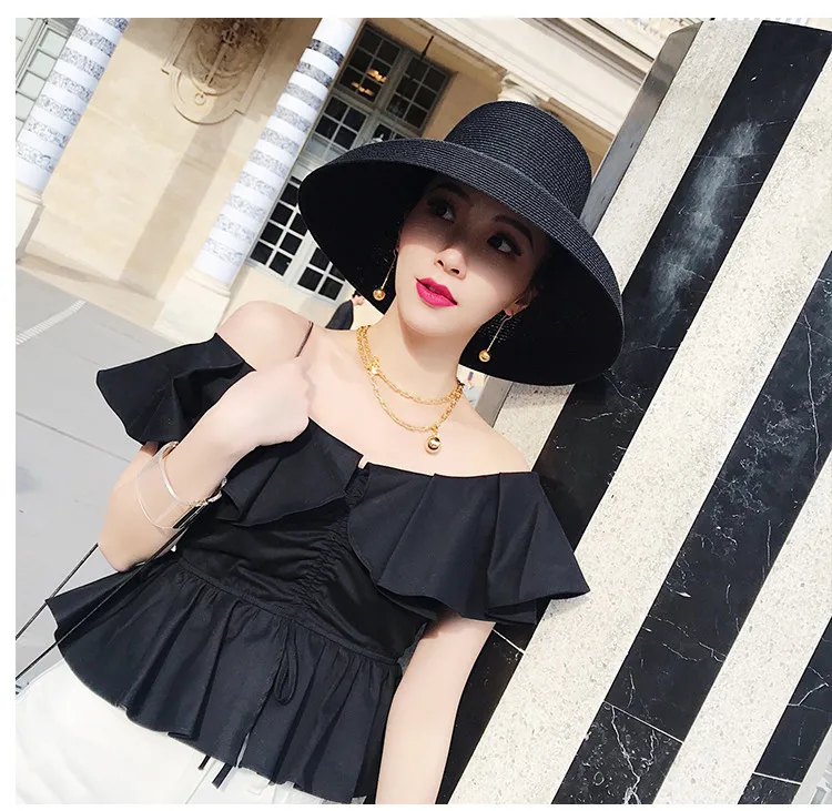 Big Brim Hat Vintage High Pretend Bility Turistická plážová atmosféra Audrey Hepburn Straw Hat Sush Modeling Tool Tool Bell-Tvar