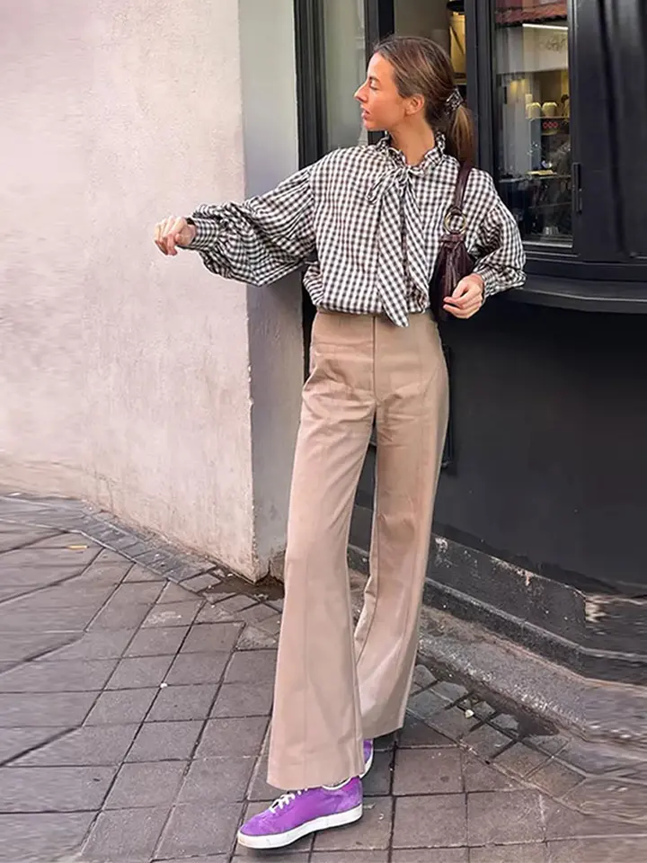 Big Plaid Bow golier košele Dámske módne slova rukávy Single Breasted Žena Outwear 2024 Jarné letné elegantné dámske košele