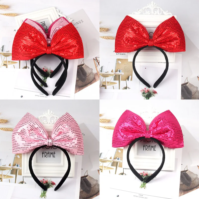Big Square Minnie Mouse Bow čelenka flitry Hairband Girls Girls Hair Doplnky trblietavé pokrývky hlavy Dámske večierky vianočné čelenky