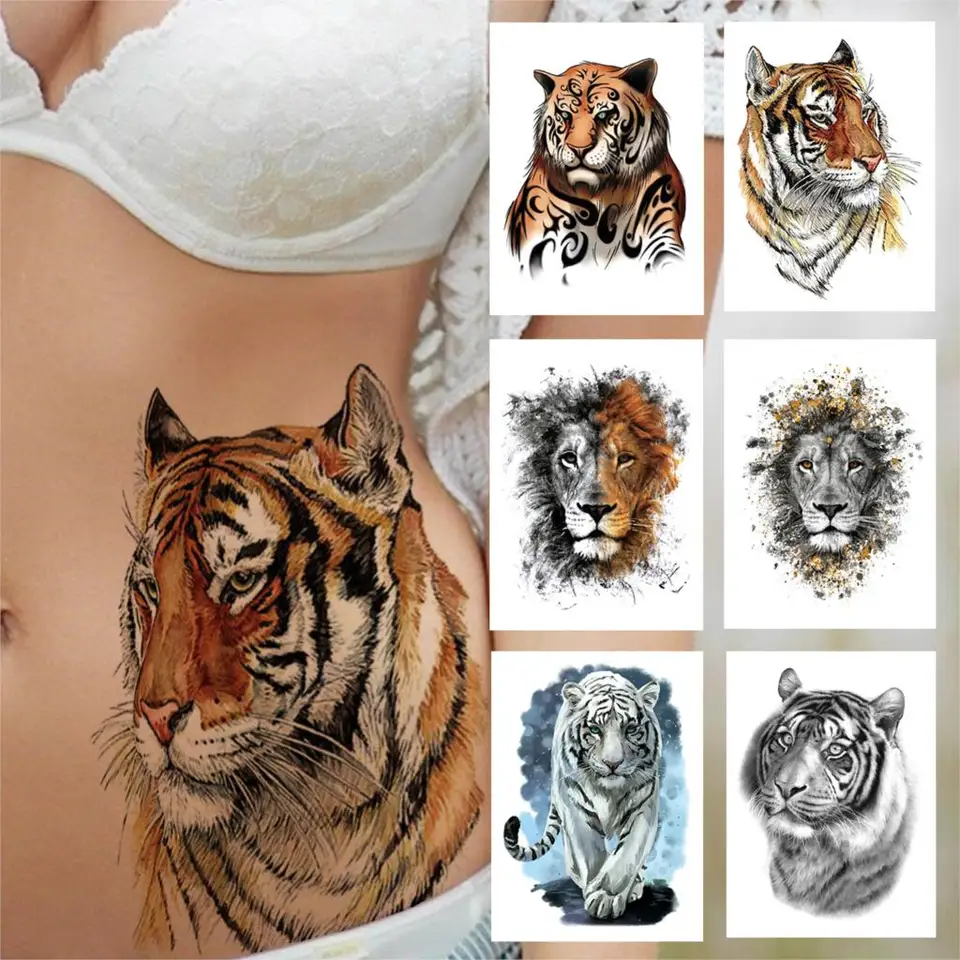 Big Tiger Dočasné tetovanie pre ženy Men Men Dievčatá Dievčatá Watercolor Leopard Lion Tattoo Sticker Falošné jednorazové jednorazové zásoby Tatoos