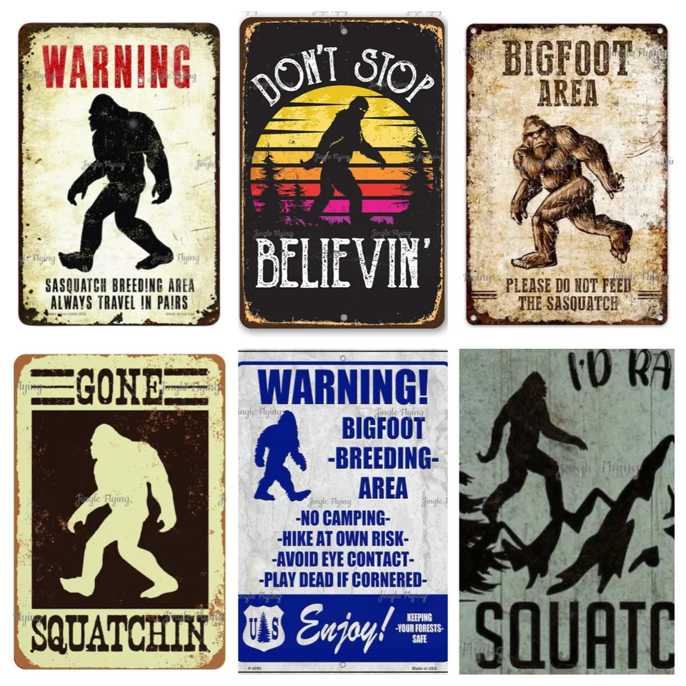 Bigfoot Výstraha Bigfoot Breading Area Gone Squatchin Novinka kovová parkovacia značka Mancave Garage Wall Decor Signs kov