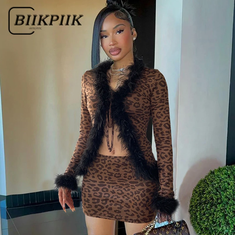 Biikpiik Fur Patchwork leopard sexy sukne pre dámske módne klub Dva kusy súset