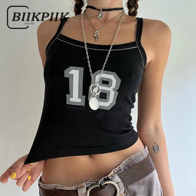 Biikpiik kontrastné zafarbenie digitálnej tlače Camisole Cast Stitch Dámske topánky Tops Streetwear All-Matched Slim Fit Black Vests Sporty