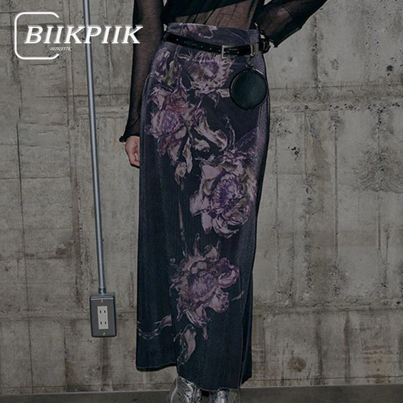 Biikpiik kvetinové tlačené základné ženy sukne Príležitostné fialové vetracé vetra Priame maxi sukňa Vintage elegantné ženské spodné oblečenie móda