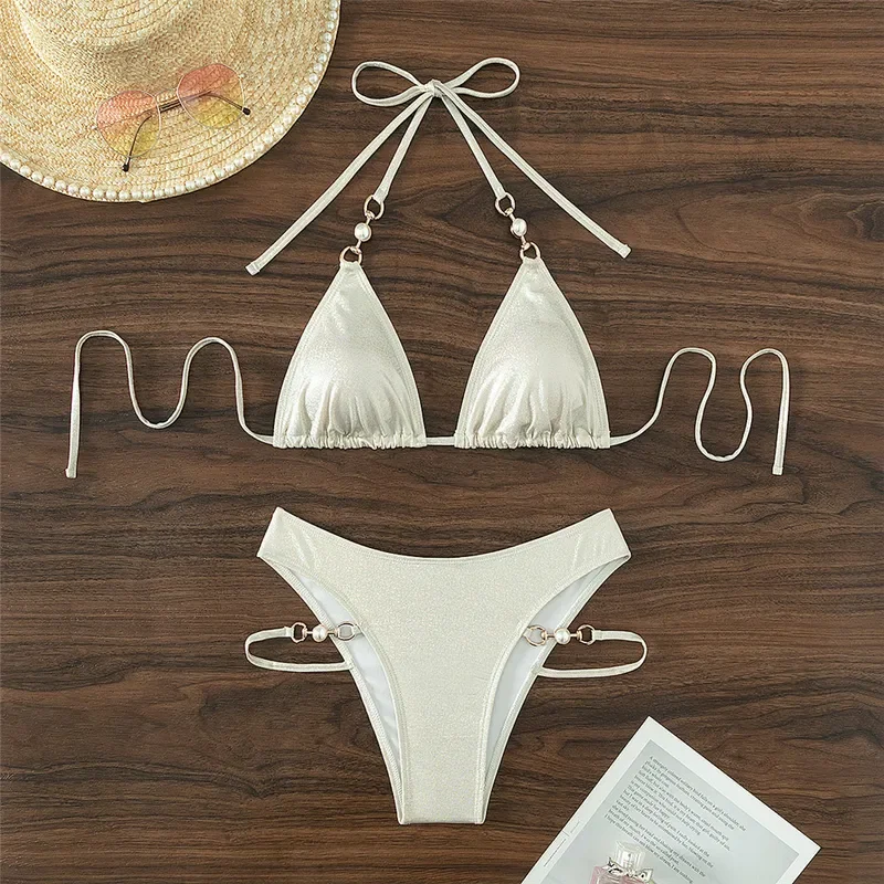 Bikinis sety sexy biele lesklé plavky struny halter trojuholnítko bikiny majer plavky 2024 Dámske plážové plavky Biquinis plávať