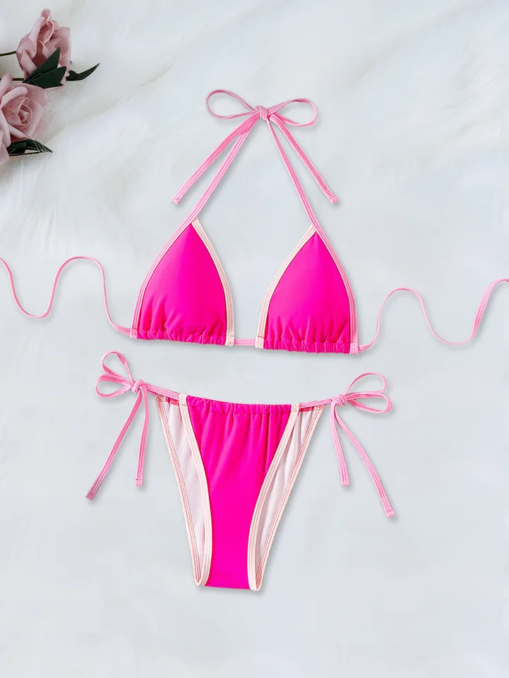 Bikiny Set Dámske ružové červené 2 -kusové plavky Mini farebný mini trojuholník halter backless Beach Plave Dovolenka plaviek 2025 Nový