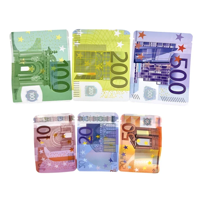 Bills Paper Zip Lock Bag 10 € 20 € 50 € 100 € 200 € 500 € Malé vrecko s jasným oknom 1-3,5 g Mylar Small Bag Prispôsobený dizajn Euro