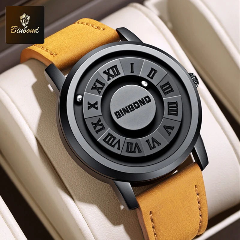 Binbond New Luxury Men Quartz Watches Waterproof Watch for Men Kožené oceľové hodinky Magnetické levitácie duté relogio maskulino