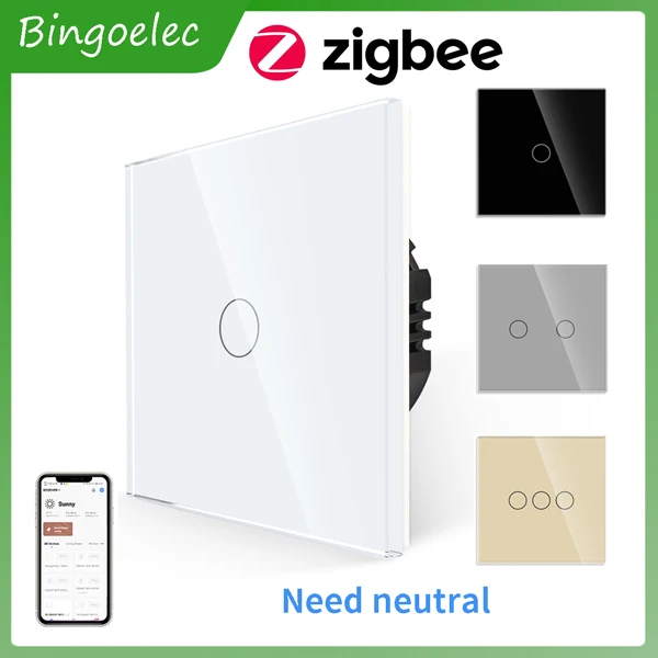 Bingoelec Samrt Zigbee Switch potrebuje prepínač neutrálneho drôtu Svetlo so skleneným panelom App Control Prelomor Alexa Tuya Smart Home Home