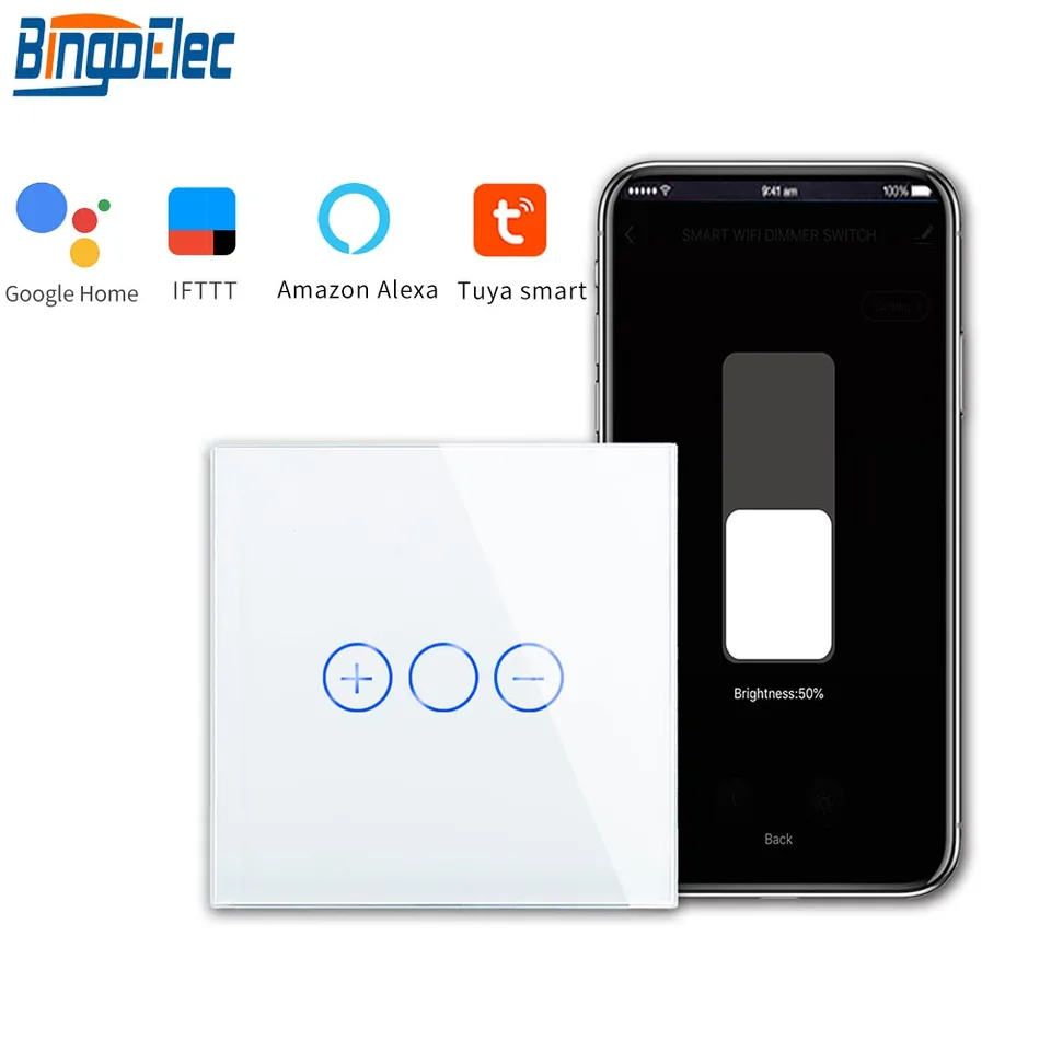 Bingoelec Smart Dimmer prepínač WiFi Control LED Dimmer Biela čierna zlatá sklenená panel Podpora tuya Google Smart Life App