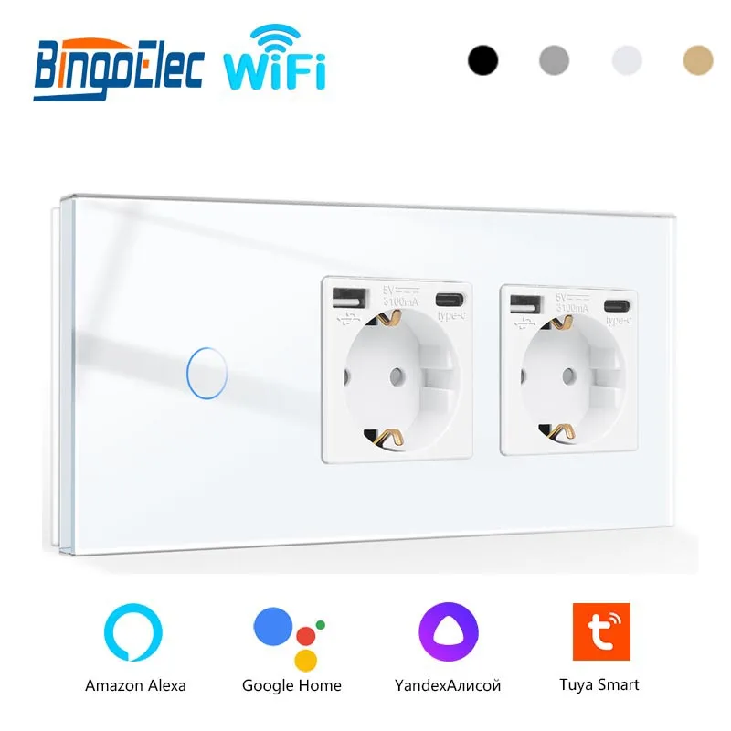 Bingoelec WiFi Wall Touch Switch s dvojitými zásuvkami USB Type-C 1/2/3Gang Svetelné prepínače pracujú s Alexa Tuya Google Home