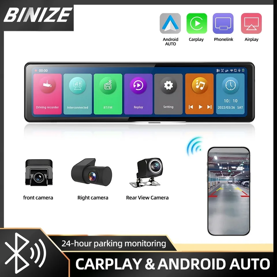 Binize 12 -palcová prístrojová vačka spätné zrkadlo Car DVR DVR WiFi Bluetooth 1080p Videokamera zapisovač s CarPlay a Android Auto