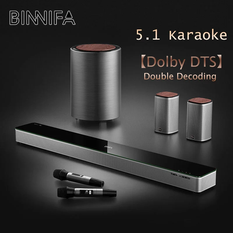Binnifa Audio Reproduktor 5.1 Karaoke domáce kino Max 7s Dolby DTS Dual Decoding Soundbar Zadný subwoofer basový bezdrôtový mikrofóny