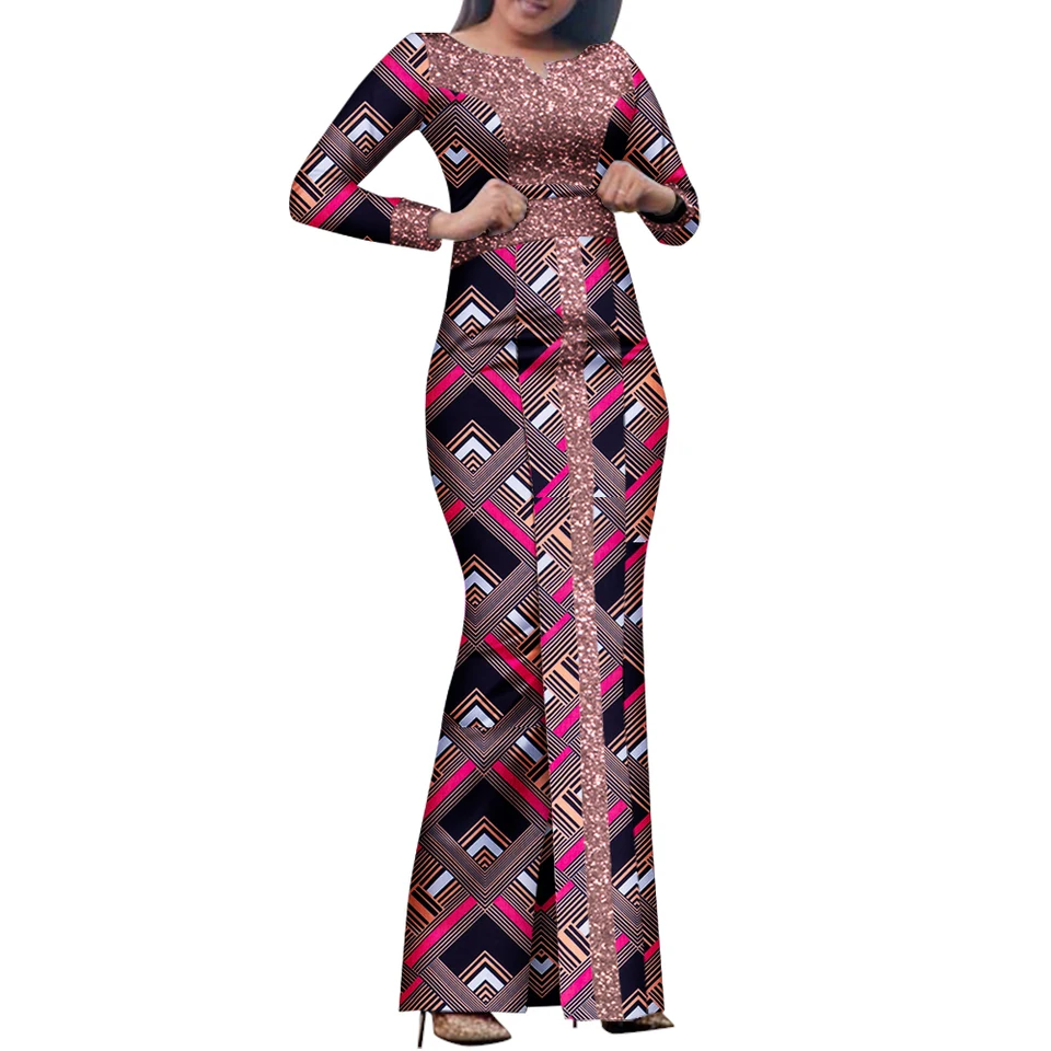 Bintarealwax African Maxi Dress Bazin Riche Flitrpined Print Wax dlhé šaty dlhý rukáv plus veľkosť S-7XL Africa Clothing Wy8458