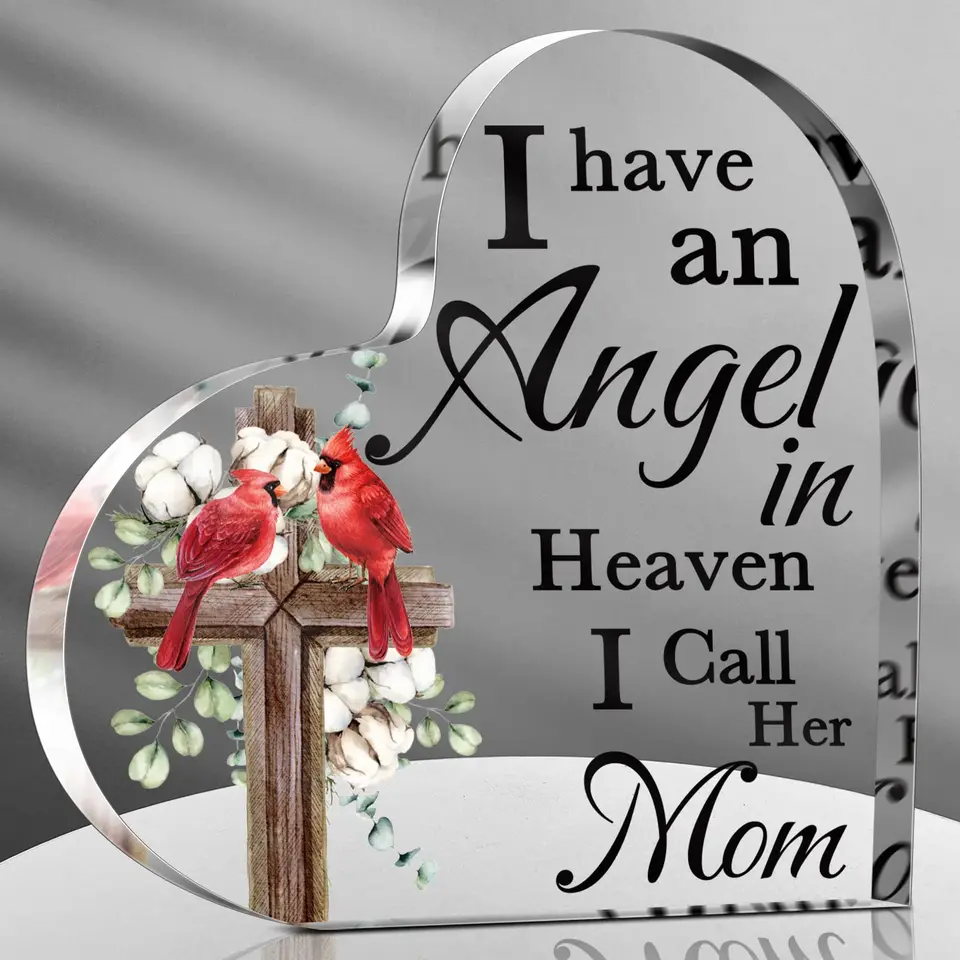Bird Angel Heaven Tlač akrylového srdca Pleket odolný pamätný darček pre stratu mamičky ocka babička babička stolová stolová dekorácia