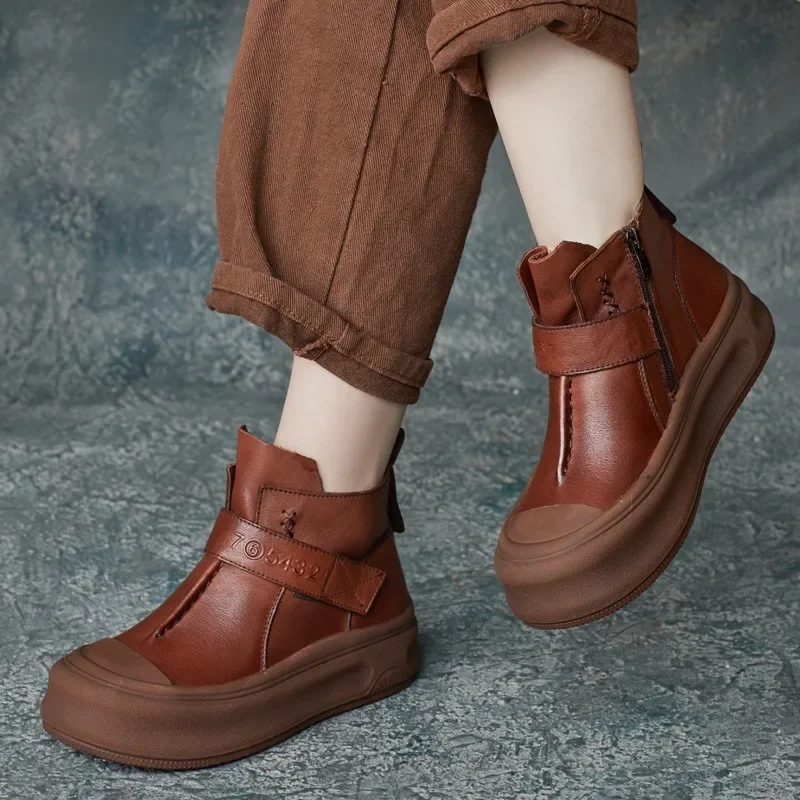 Birkuir retro plochá plochá platforma členkové topánky pre ženy bočné zipsové slučky Krátke topánky Flats Luxusné ručne vyrábané originálne kožené topánky