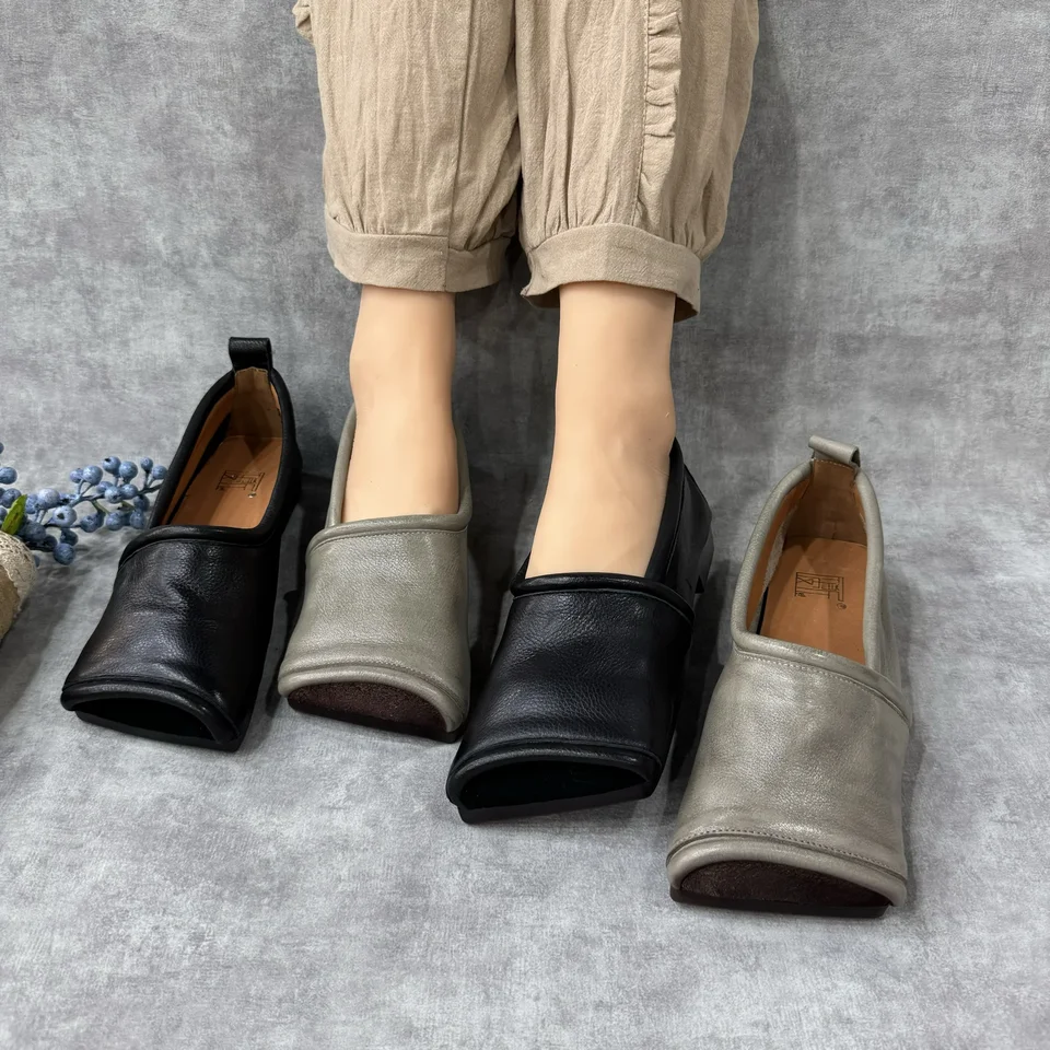 Birkuir Retro Square Toe Flats Dámske topánky Loafery Príležitostné ploché päty Soft podrážky Luxusný sklz na originálnych kožných topánkach s nízkym pätom