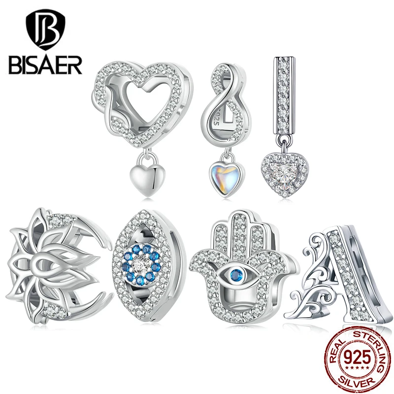 Bisaer 925 Sterling Silver Hand of Fatima Clip Leads Devil's Eye Eternal Heart Opentable Pendant pre ženy