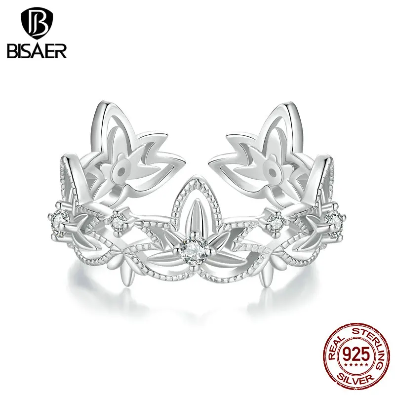 Bisaer Real 925 Sterling Silver Lotus Open Ring Flower Band Nastaviteľná veľkosť 5-9 Platené biele zlato pre ženy Party Fine Šperty