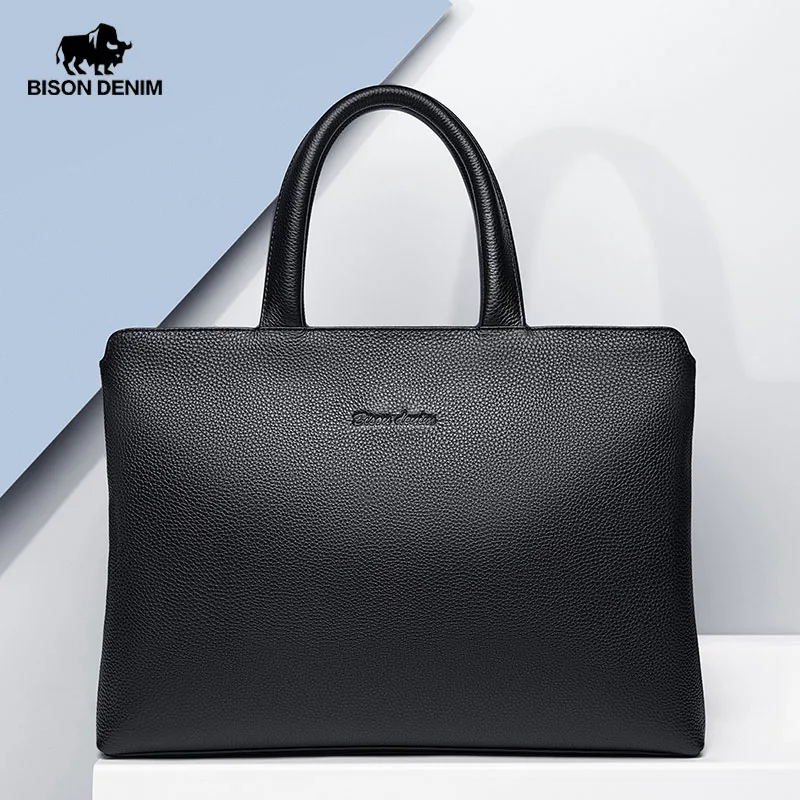 Bison Denim Originálny kožený kruhový kufrík s veľkou kapacitou obchodná práca v taške na rameno prenosný počítač s kabelkou Crossbody Messenger Bag Bag