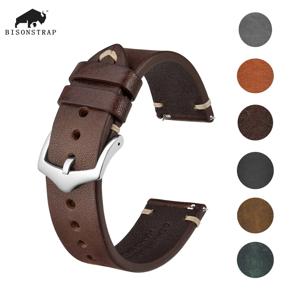 Bisonstrap Crazy Horse Leather Bands, 18 mm 22 mm, pre smartwatch Huawei Samsung Galaxy Gear, čierna zelená hnedá