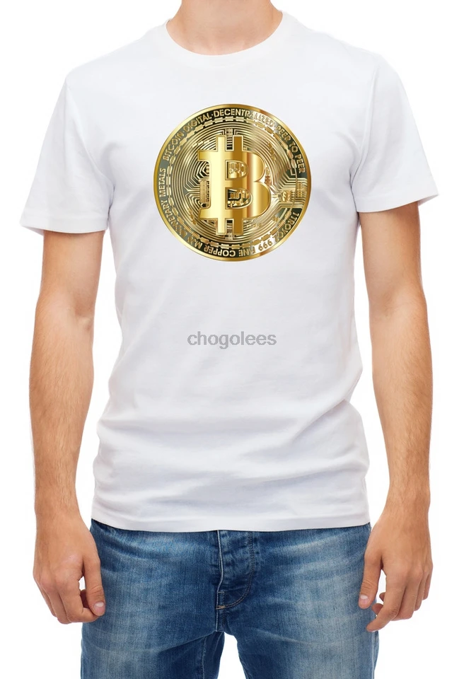 Bitcoin Gold Effect Coin Crypto Coin White s krátkym rukávom tričko Men K758