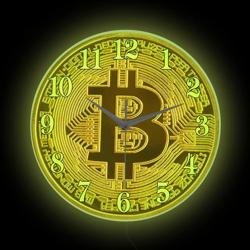Bitcoinový symbol žiarivé tlačené nástenné hodiny kryptomena dekor BTC Zlatá minca LED osvetlené neónové znamenie pre kancelárske financovanie darček