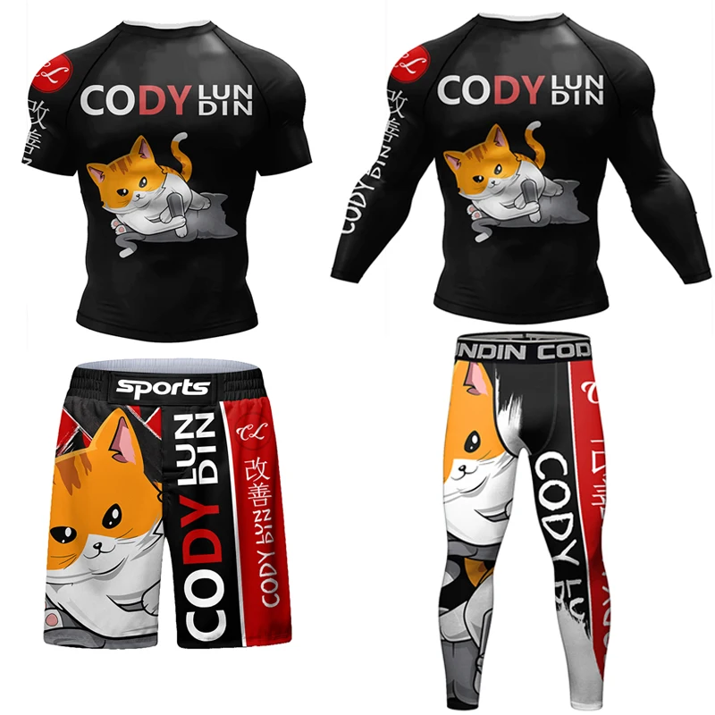 BJJ Kickboxing MMA tričká+nohavice 4ks/súpravy Muay Thai Shorts Rashguard pre mužov v boxe 3D tlačené športové kompresné oblečenie MMA