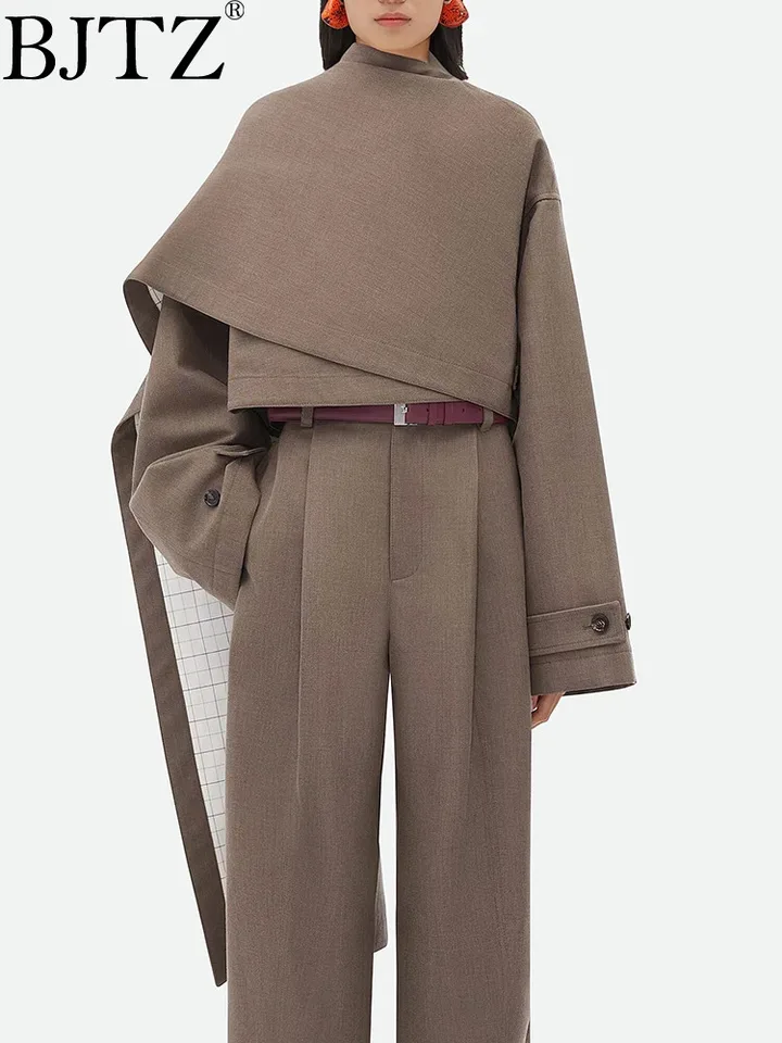 Bjtz Solid patchwork gombíky Chic Coats pre ženy šálový golier s dlhým rukávom Asymetrická temperament bunda ženský štýl