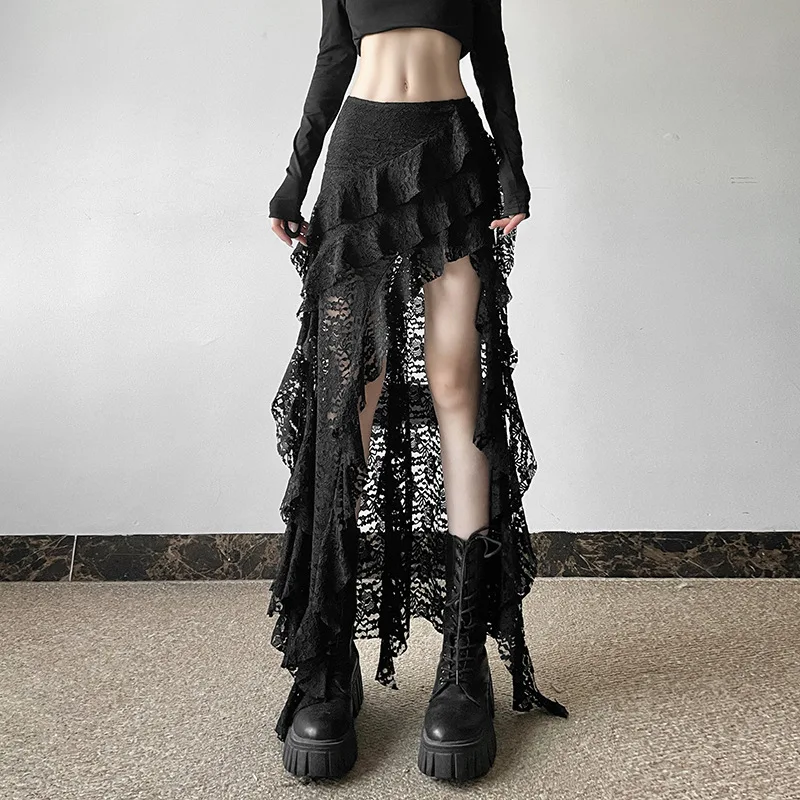 BKLD 2024 Jeseň Nové ženy Oblečenie Čierne sukne Sexy s vysokým pásom čipky Patchwork nepravidelné sukne y2k sukne sukne clubwear