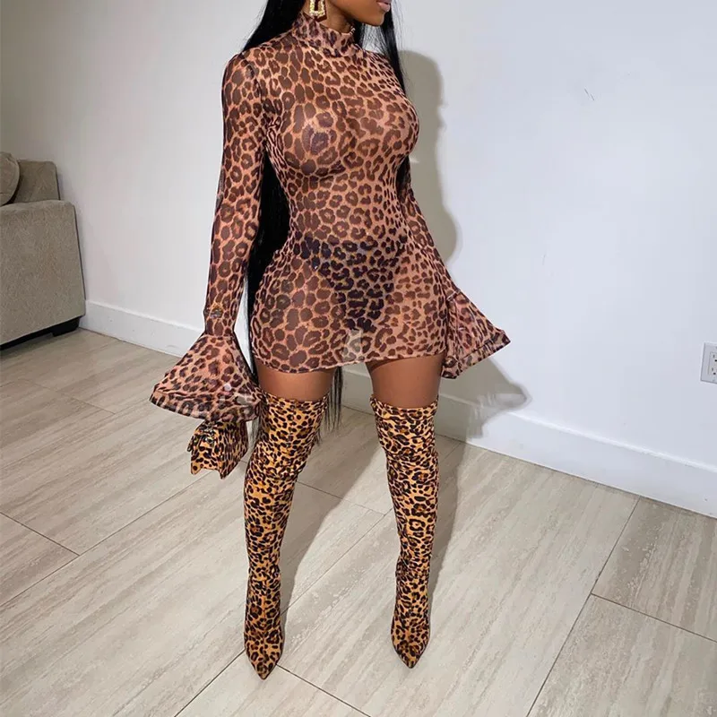 Bkld Fashion Leopard Mesh Print Split Dress Women Dámske korytnače s dlhým rukávom Skinny Mini Bodycon Dress Female Party Club Šaty