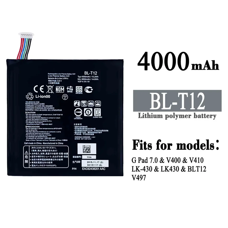 BL-T12 Vysoko kvalitná náhradná batéria pre LG G PAD 7.0 V400 V410 V497 BLT12 4000MAH Mobilný telefón Najnovšie batérie