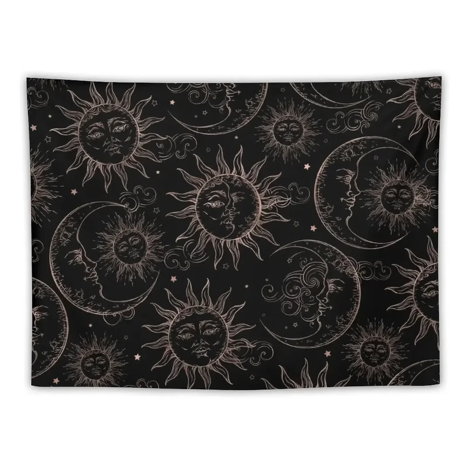 Black & Rose Gold Magic Celestial Sun & Moon Gobestry Carpet na stene dekorácie estetika na stene