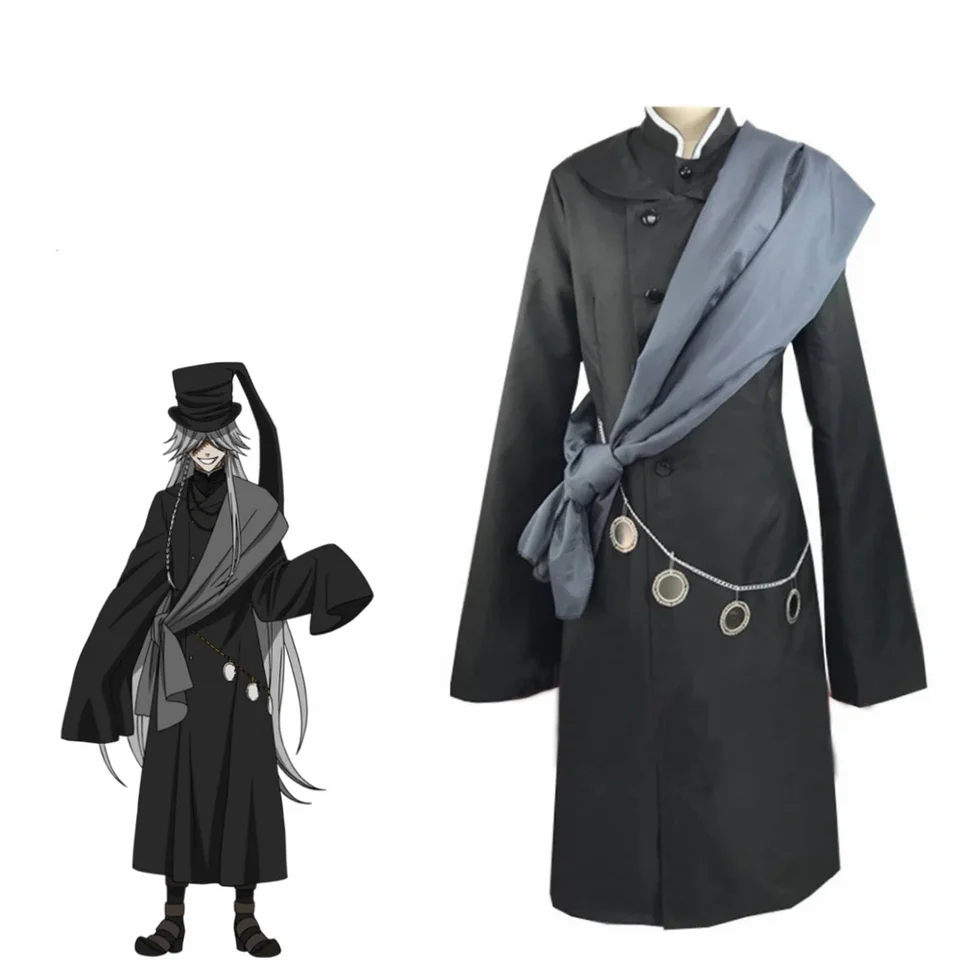 Black Butler Kuroshitsuji Undertaker Men Cosplay Halloween Women Party kostým na mieru vyrobený plnohodnotný klobúk a reťaz a parochňa