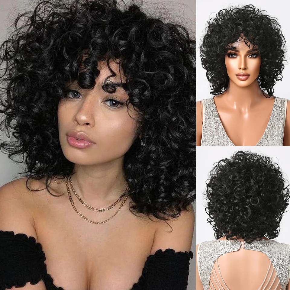 Black Curly Comp Syntetické parochne pre afro ženy brazílske parochne krátke hlboké kučeravé syntetické parochne s treskami zvládnuté vlasy Denná párty